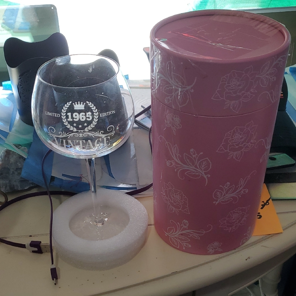 Pink Floral Gift Box with Vintage 1965 Wine Glass